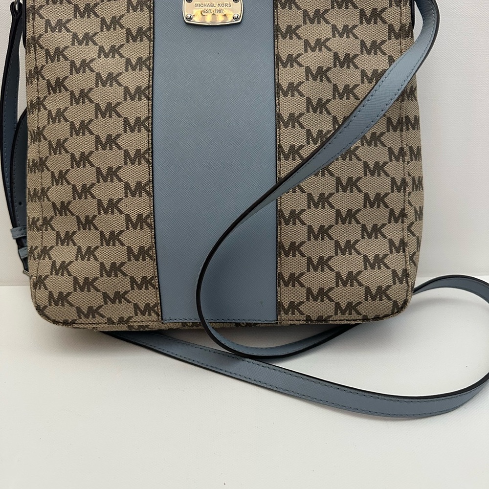 Michael Kors Beige MK Logo Crossbody with Light Blue Center Stripe
